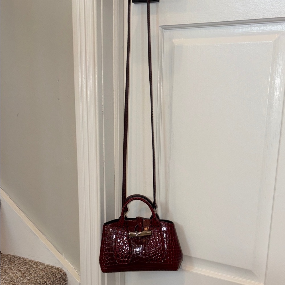 Longchamp XS Roseau Croc-Embossed Burgundy Top-Handle Satchel Crossbody Bag - Picture 14 of 15